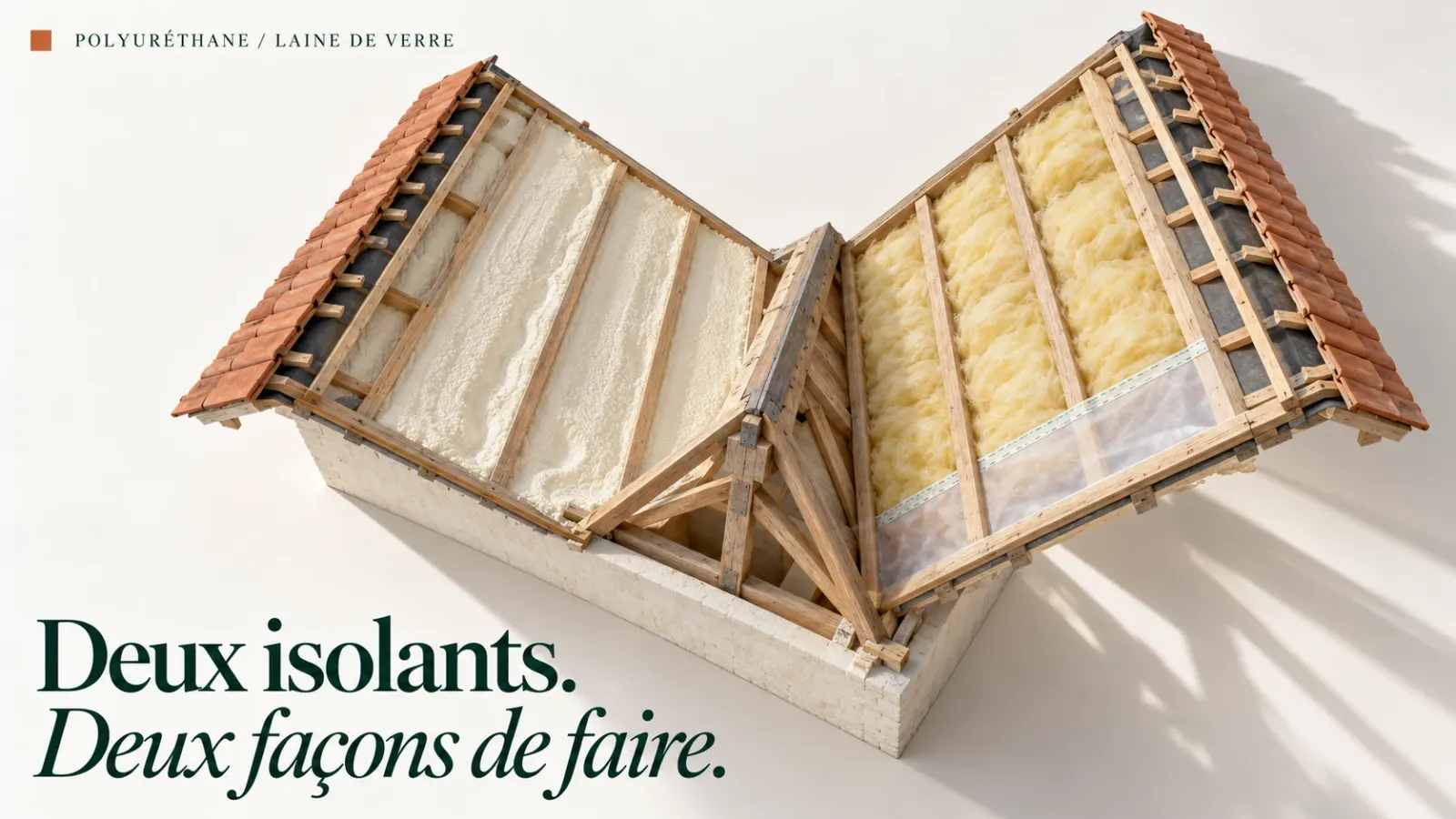 Toiture en coupe comparant deux isolations des rampants : à gauche mousse polyuréthane projetée continue entre les chevrons, à droite laine de verre en rouleaux avec pare-vapeur